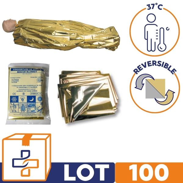 lot de 100 couvertures de survie réversible pour maintien de la température corporelle  à 37°C