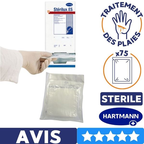 75 blisters de 2 compresses de gaze stérile Stérilux hartmann pour traitement des plaies avis 5 étoiles