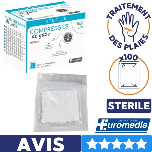 Compresse de gaze stérile 5x5 cm- Boite de 100 sachets individuels