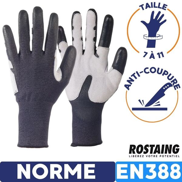 Gants de protection anti coupure en388 noirs rostaing taille de gants