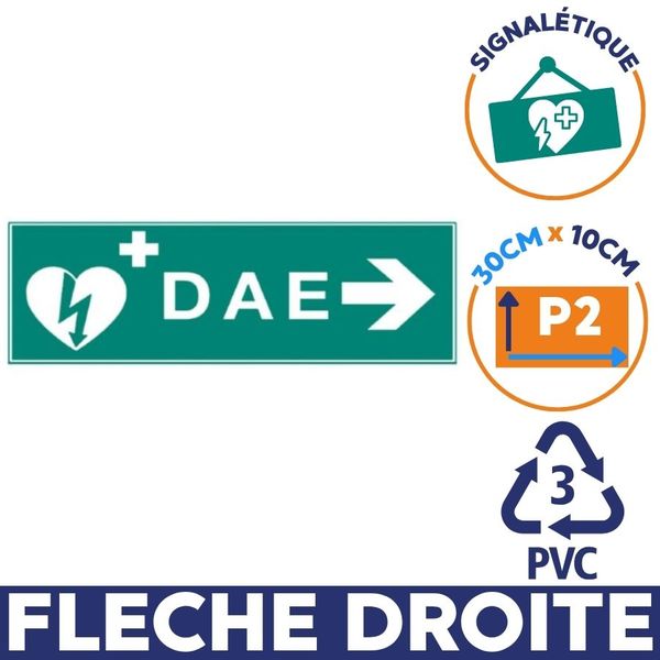 Panneau défibrillateur pvc fleche droite signalétique dae dimension 30cm*10cm 