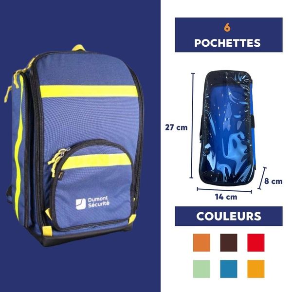 dimension pochette et 6 couleurs disponible dans le sac de secours bleu