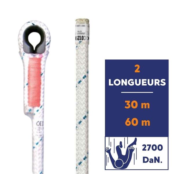 Corde statique pompier et secours 12,5 mm avec terminaisons cousues