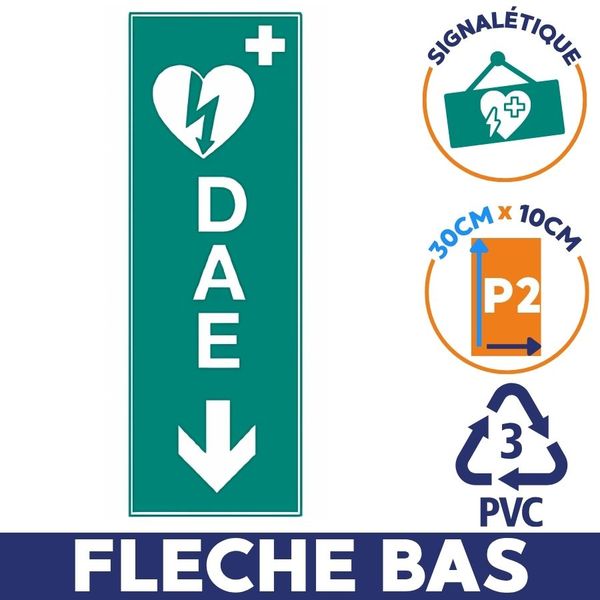 Panneau défibrillateur pvc signalétique direction dae flèche du bas dimension 30cm*10cm