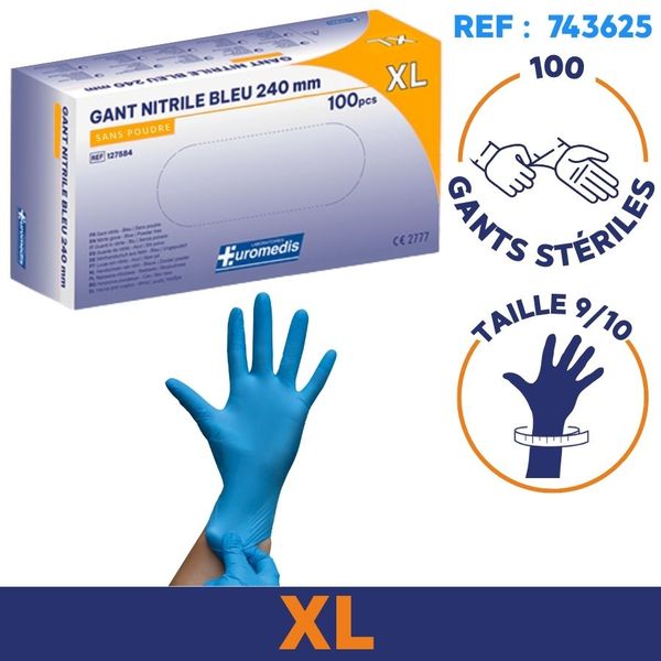 Gant nitrile bleu non poudré - Boite de 100