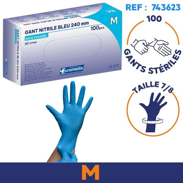 Gant nitrile bleu non poudré - Boite de 100