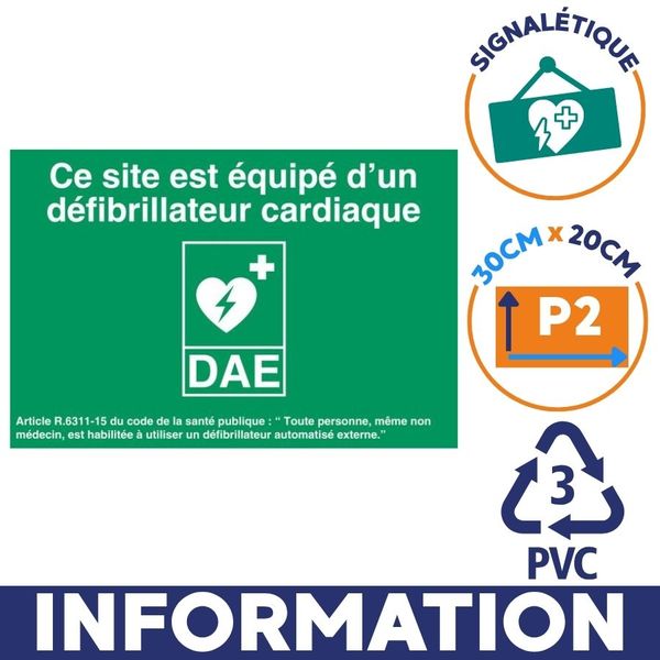 Panneau défibrillateur pvc information dae dimension 30*20cm