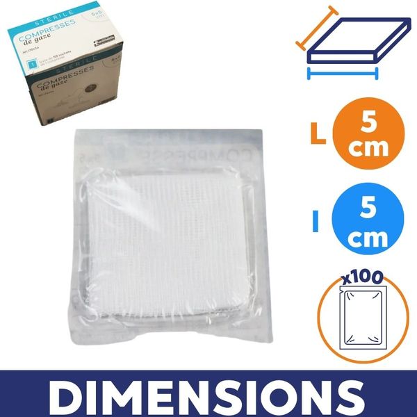 Compresse de gaze stérile 5x5 cm- Boite de 100 sachets individuels