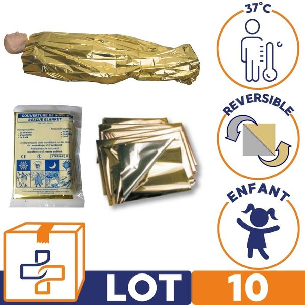 lot de 10 couverture de survie enfant réversible double face pour maintien de la température corporelle a 37°C