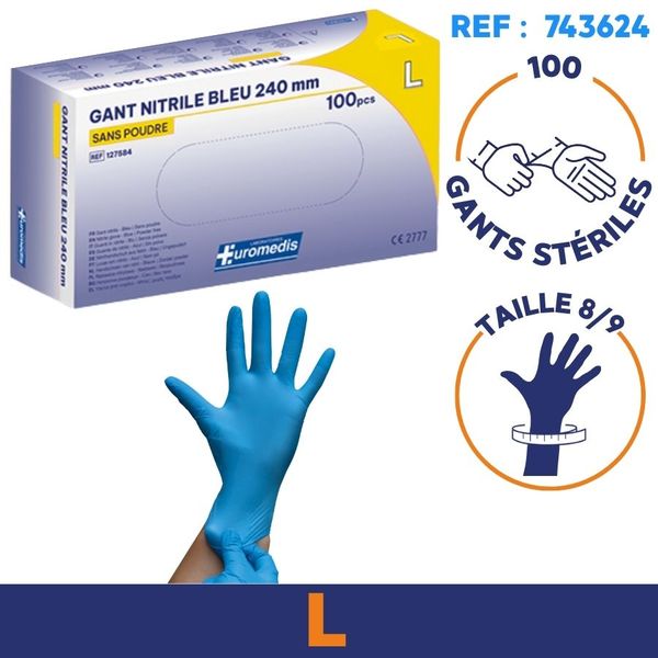 Gant nitrile bleu non poudré - Boite de 100