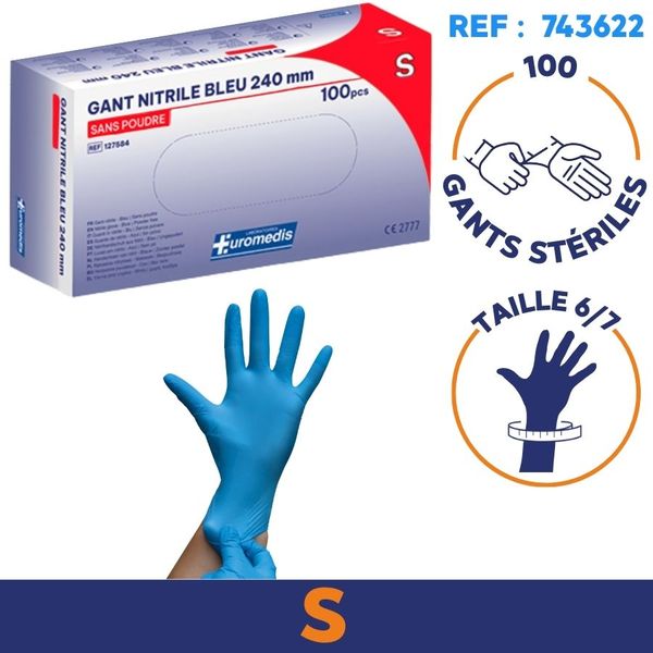 Gant nitrile bleu non poudré - Boite de 100