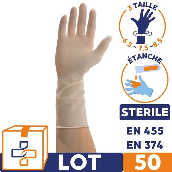 Paire de gants latex stérile non poudré - La boîte de 50 paires