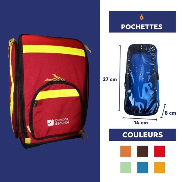dimension pochette et 6 couleurs disponible dans le sac de secours rouge